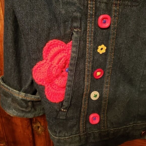 Vintage Denim Jacket Crochet Cross stitch Flowers - Picture 6 of 8